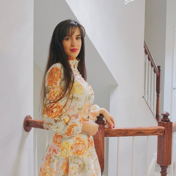 High Neck Long Sleeve floral mini dress Spring - Picture 3 of 6